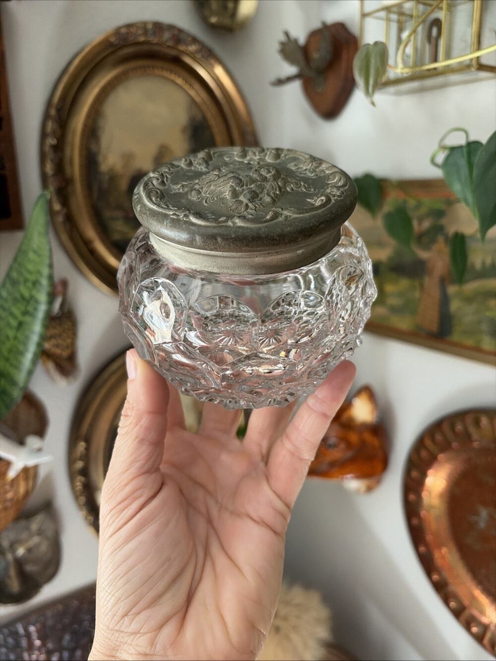Antique 1890s Glass Powder Jar Vanity Jar With Art Nouveau Metal Lid EAPG